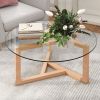 ON-TREND Round Glass Coffee Table Modern Cocktail Table Easy Assembly with Tempered Glass Top & Sturdy Wood Base, Natural (OLD SKU: WF190112AAL)