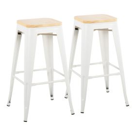 Oregon Contemporary Barstool in White Steel and Natural Wood by LumiSource - Set of 2