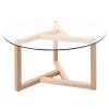 ON-TREND Round Glass Coffee Table Modern Cocktail Table Easy Assembly with Tempered Glass Top & Sturdy Wood Base, Natural (OLD SKU: WF190112AAL)