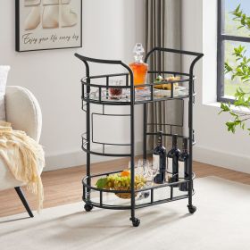 2 Glass Shelves  Serving Trolley Bar Cart  with Durable Metal Frame for Hotel Dining Room Restaurant (Color: Black)